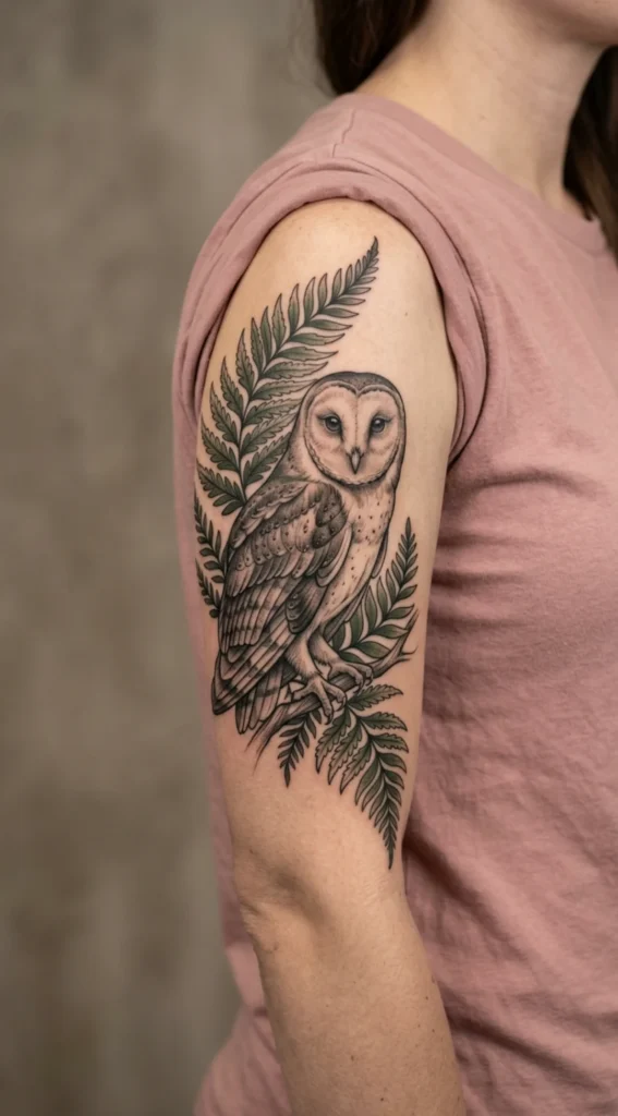 Barn Owl Tattoo with Fern Leaves
