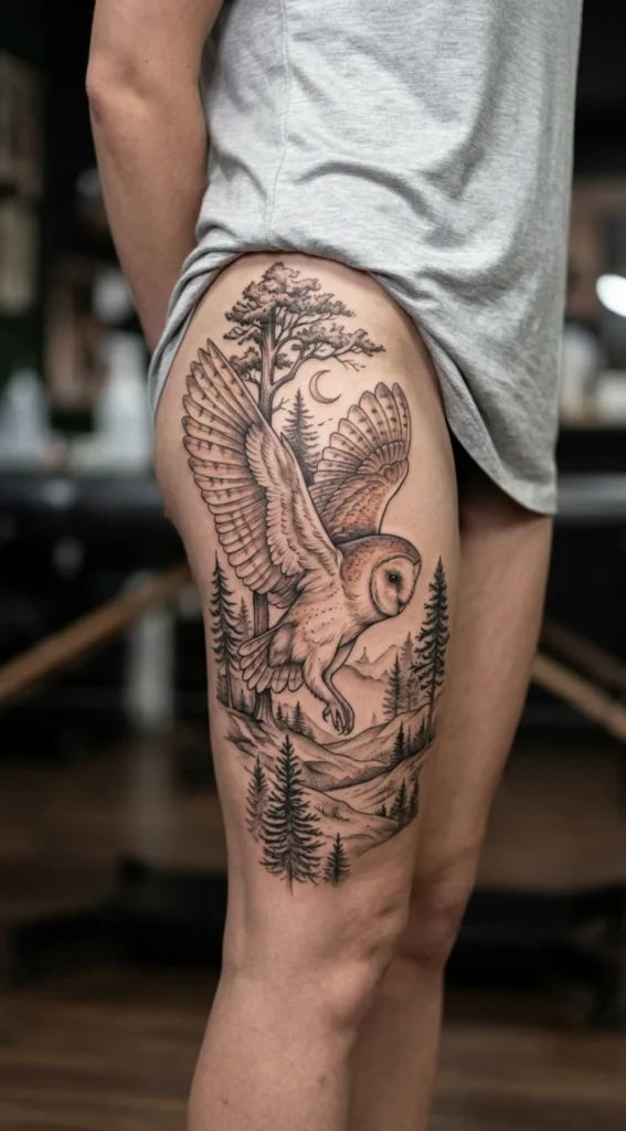 Barn Owl Tattoo with Forest Landscape