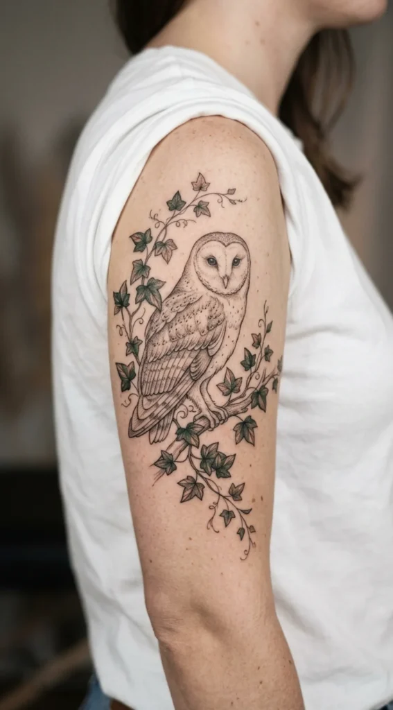 Barn Owl Tattoo with Ivy Vines