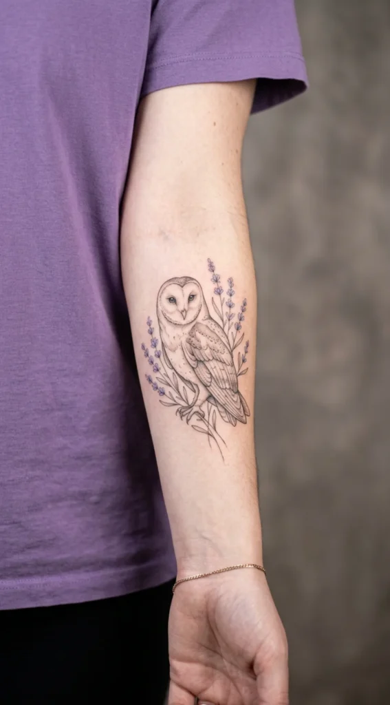 Barn Owl Tattoo with Lavender