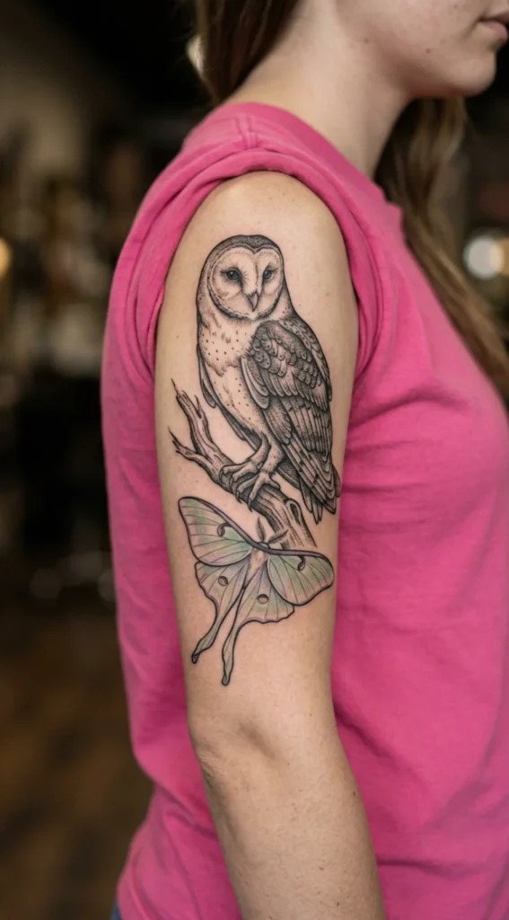 Barn Owl Tattoo with Luna Moth