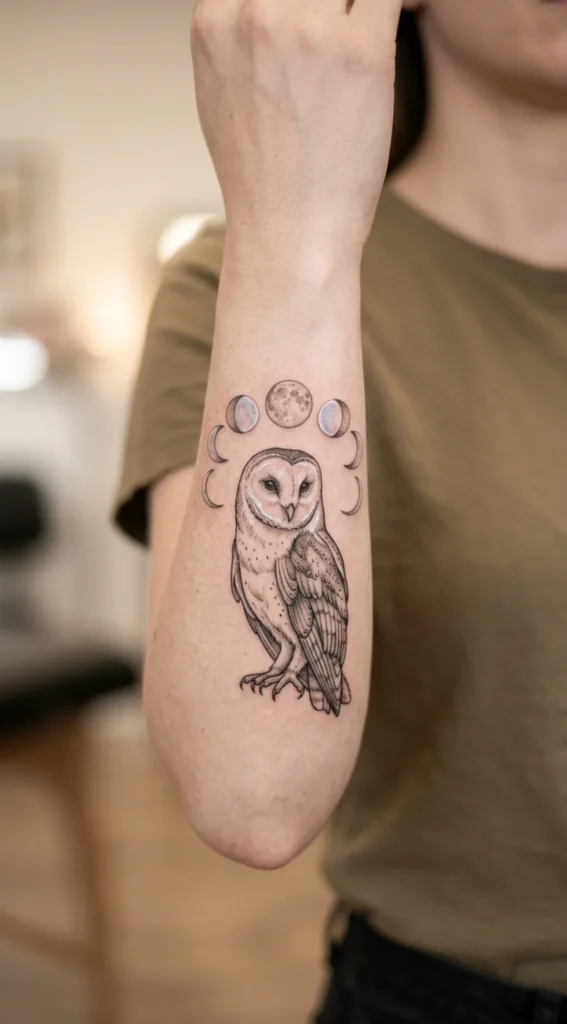 Barn Owl Tattoo with Moon Phases