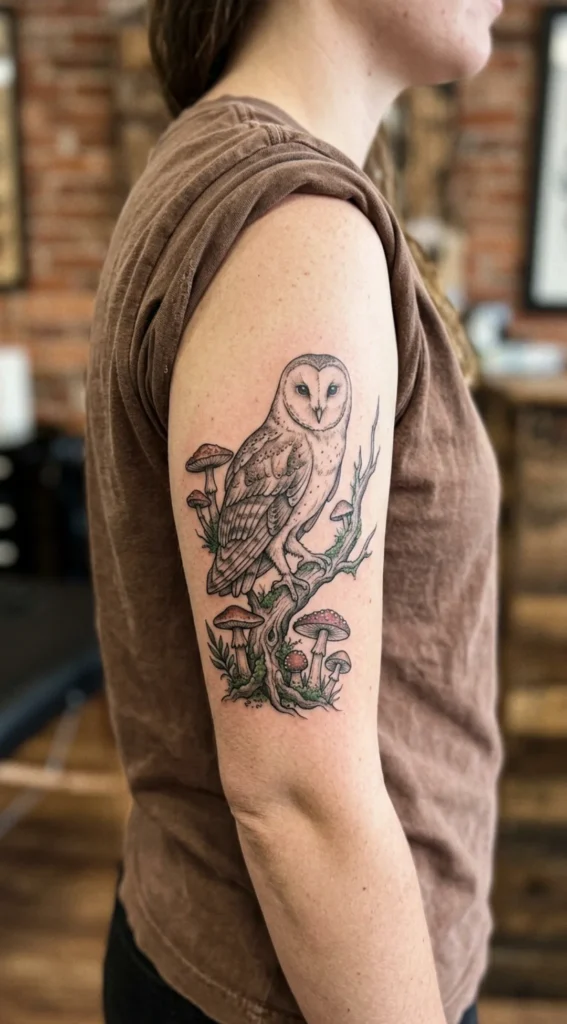 Barn Owl Tattoo with Mushrooms
