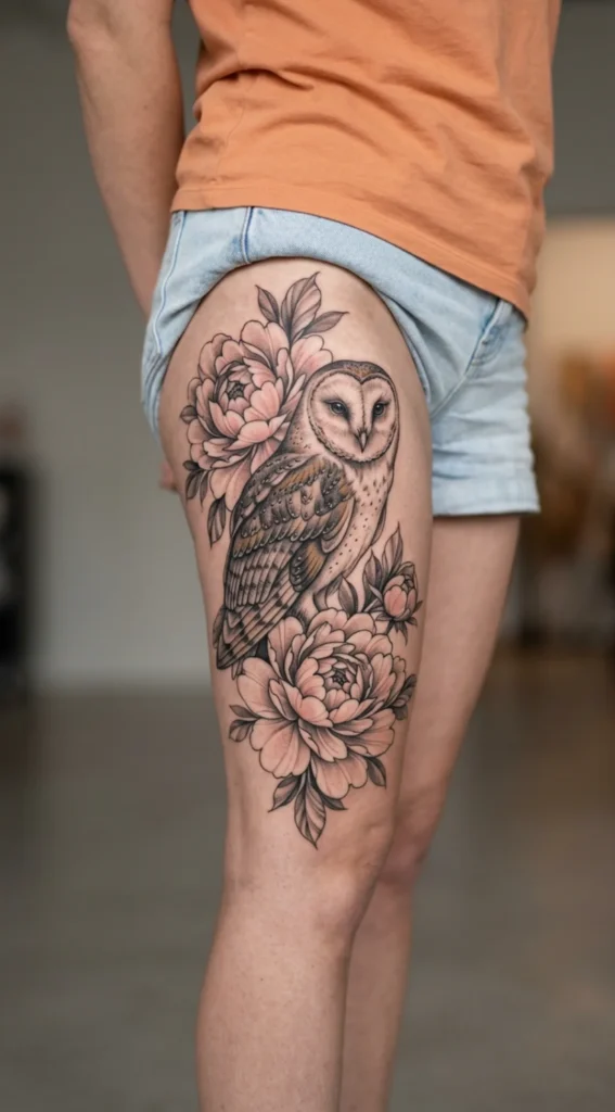 Barn Owl Tattoo with Peonies