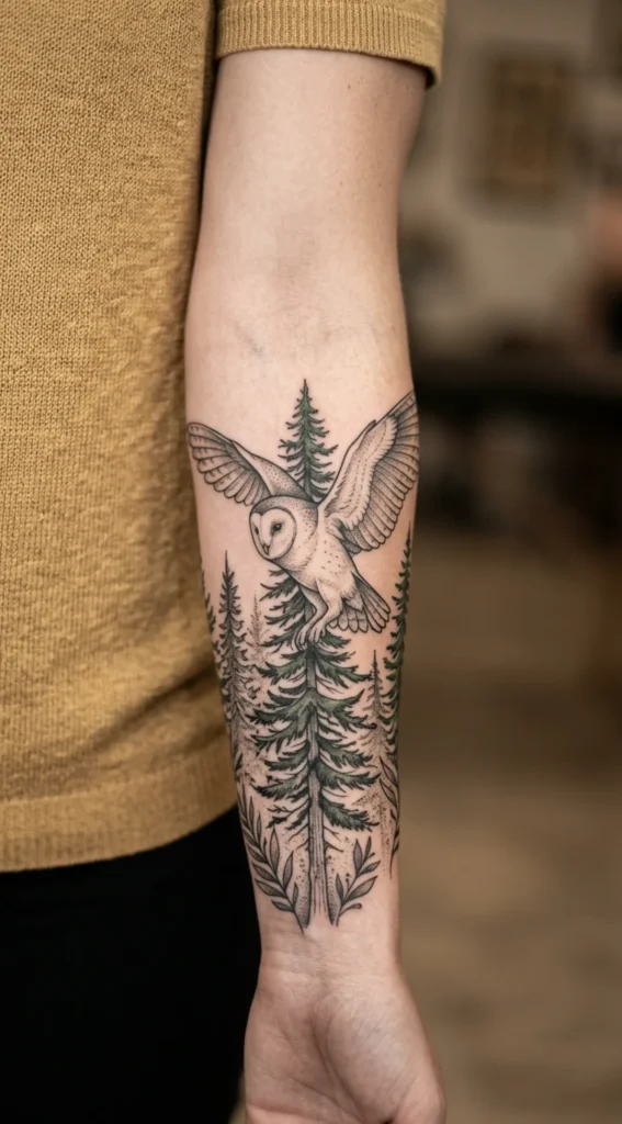 Barn Owl Tattoo with Pine Trees