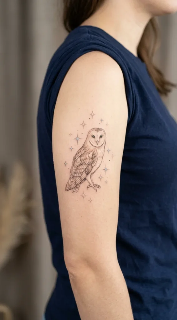Barn Owl Tattoo with Twinkling Stars