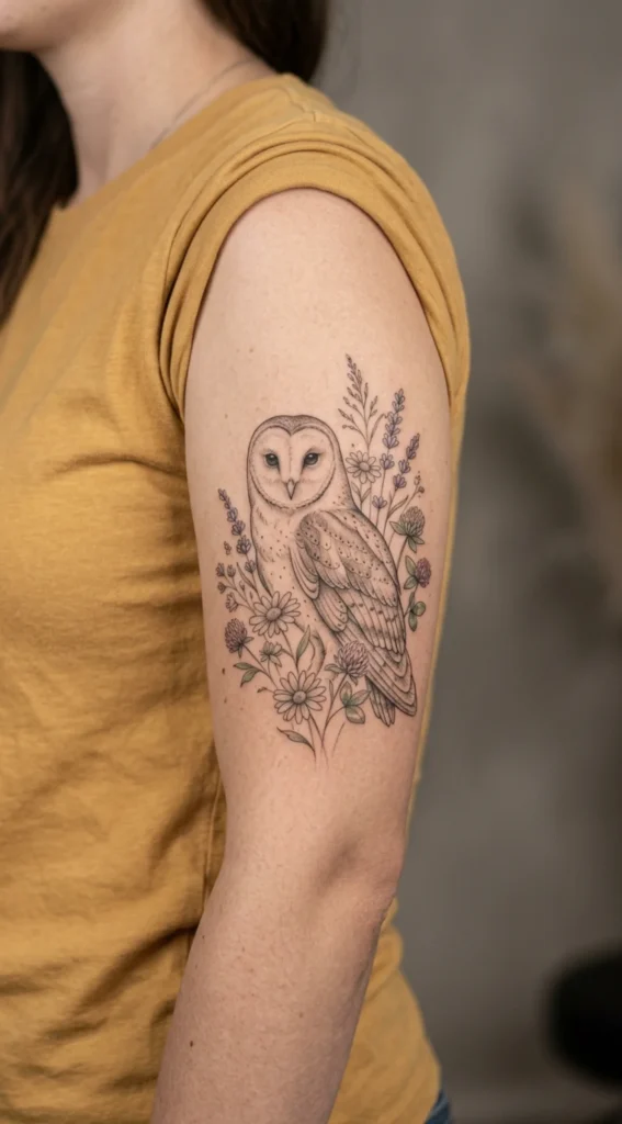 Barn Owl Tattoo with Wildflowers
