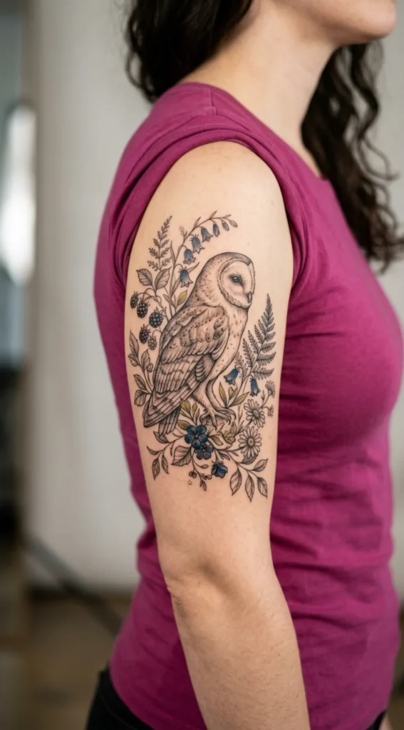  Barn Owl Tattoo with Woodland Flowers