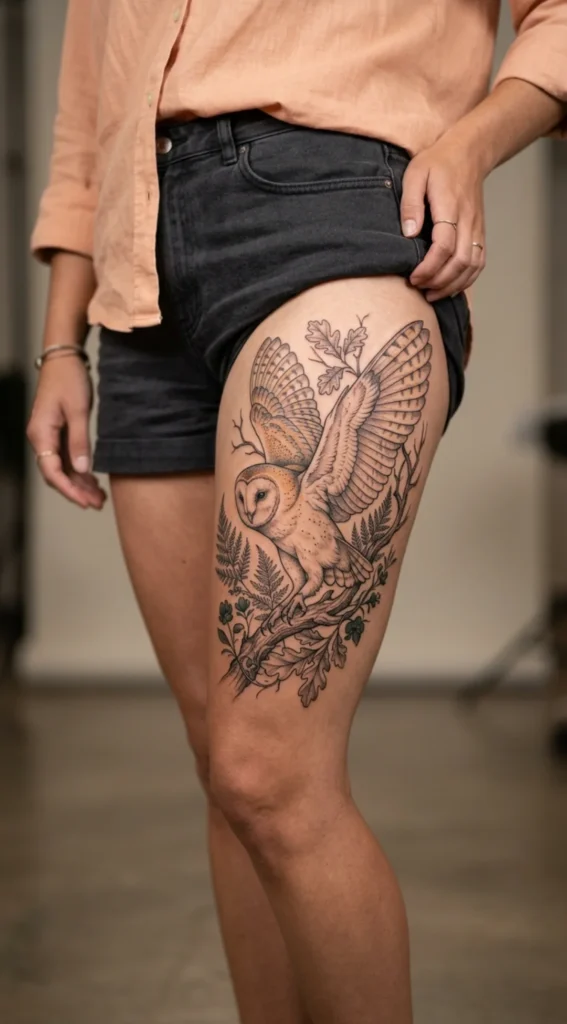 Barn Owl Thigh Tattoo