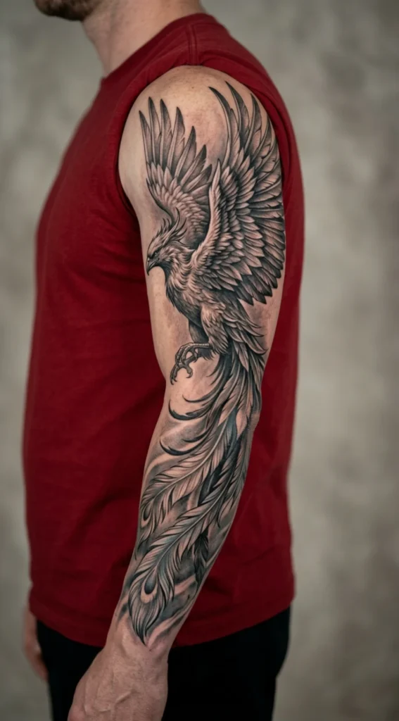 Black & Grey Realism Full Sleeve Phoenix Tattoo
