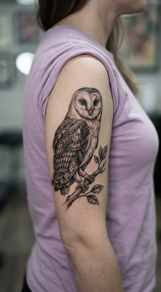 Black and Grey Barn Owl Tattoo