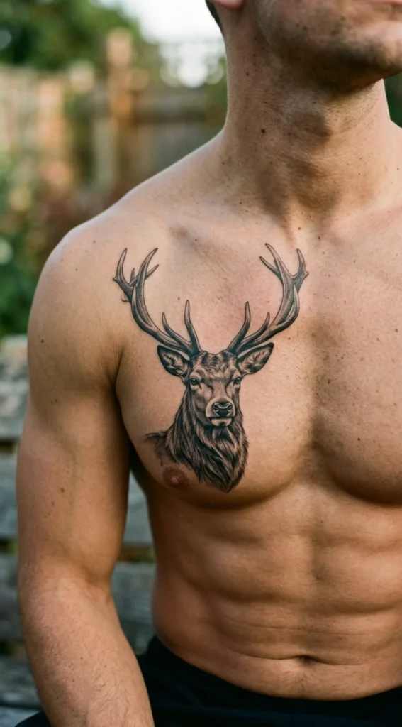 Black and Grey Deer Chest Tattoo