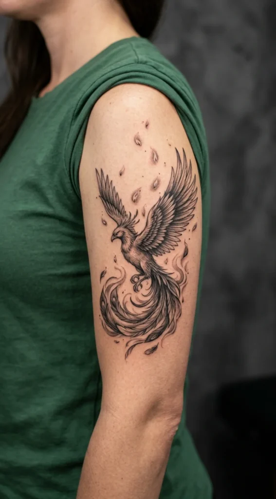 Black and Grey Phoenix with Floating Embers