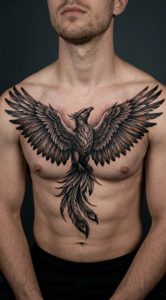 Black and Grey Realism Phoenix Chest Tattoo