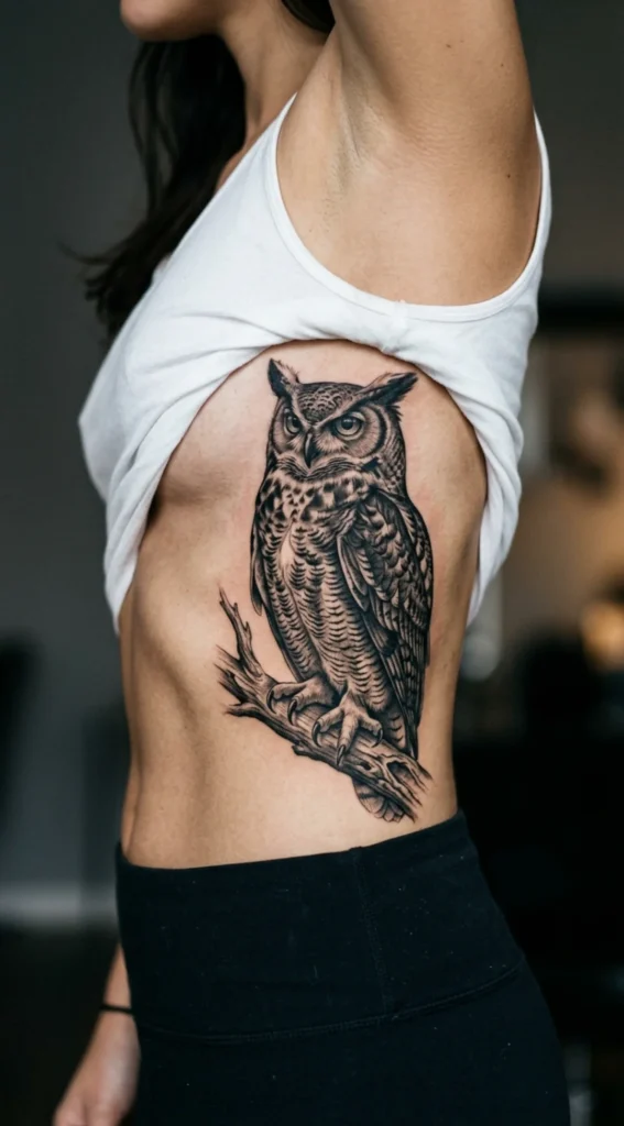 Black and Grey Realistic Owl Rib Tattoo