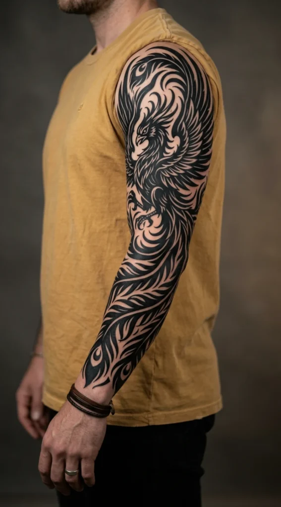 Blackwork Full Sleeve Phoenix Tattoo