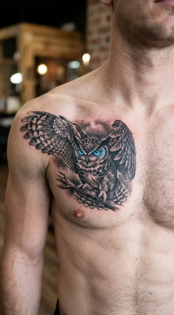 Blue-Eyed Owl Chest Tattoo
