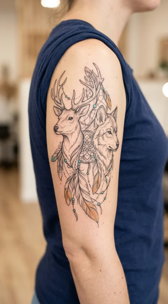 Boho Deer and Wolf with Feathers