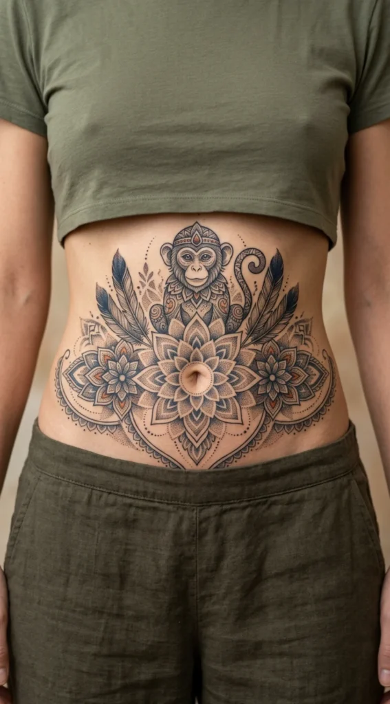 Boho Monkey Belly Tattoo