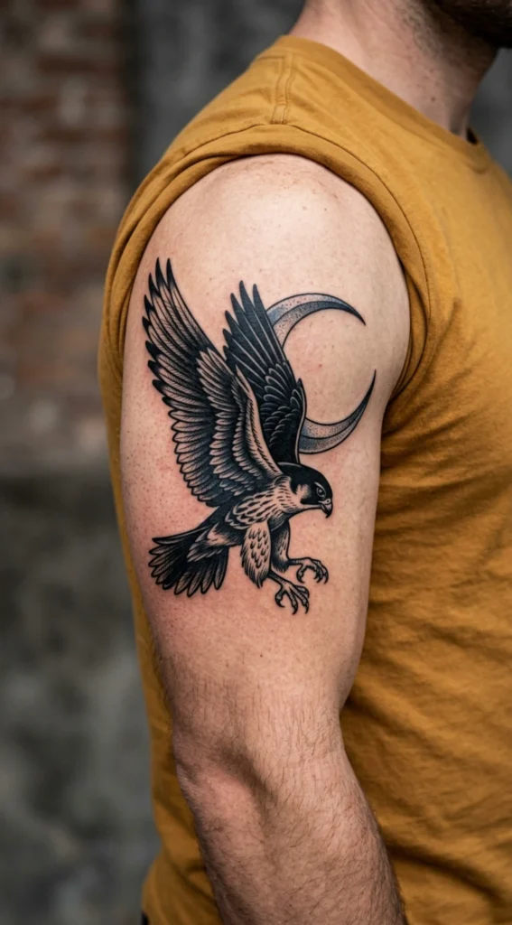 Bold Falcon with Crescent Moon