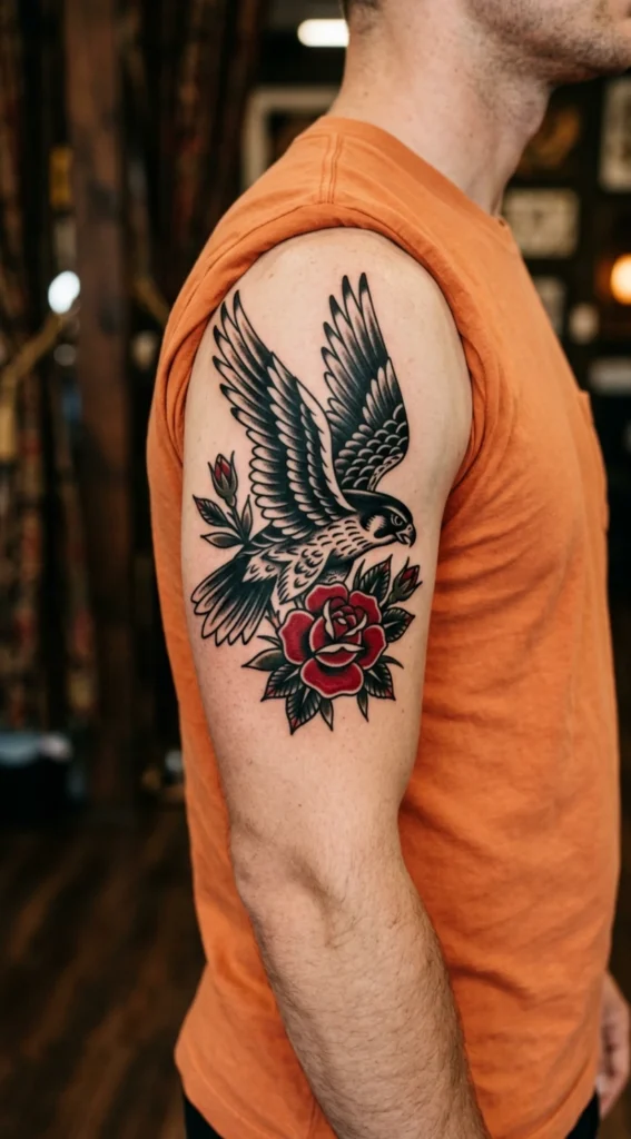 Bold Falcon with Red Rose Accents