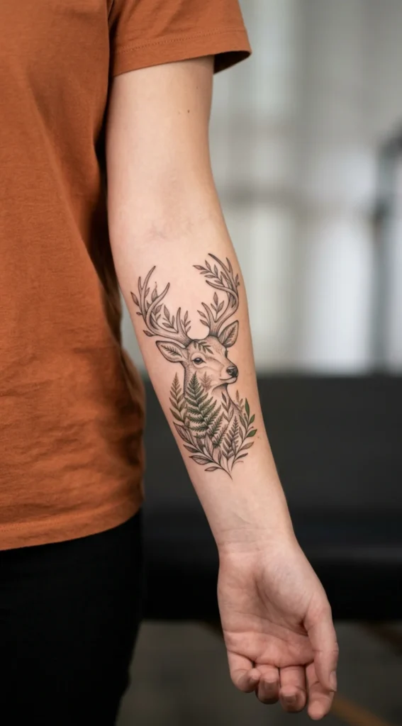 Botanical Deer Head with Ferns and Leaves