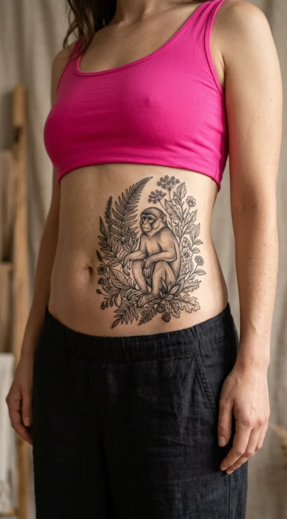 Botanical Monkey Belly Tattoo