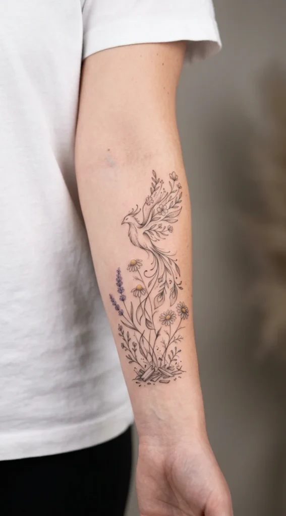 Botanical Phoenix with Wildflowers