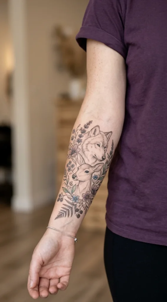 Botanical Wolf and Doe with Wildflowers