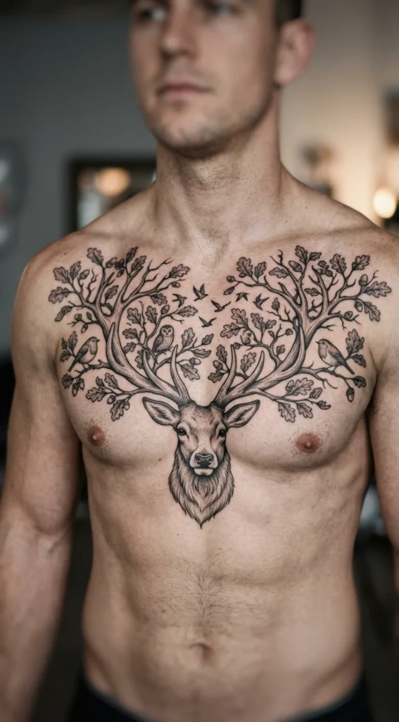 Branch Antler Deer Chest Tattoo