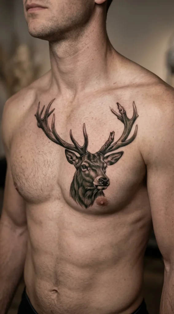 Broken Antler Stag Chest Tattoo