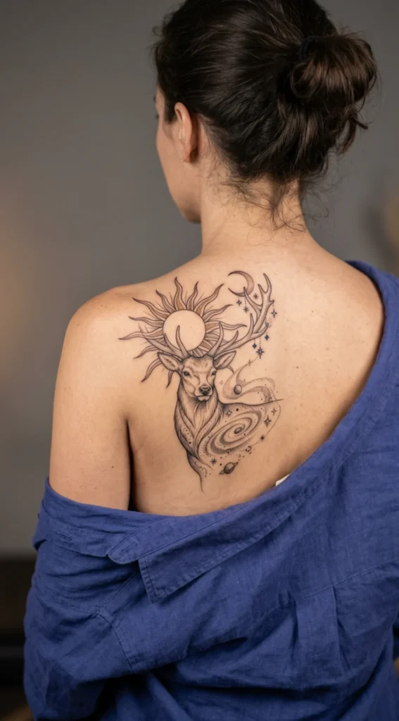 Celestial Deer with Sun, Moon, and Stars