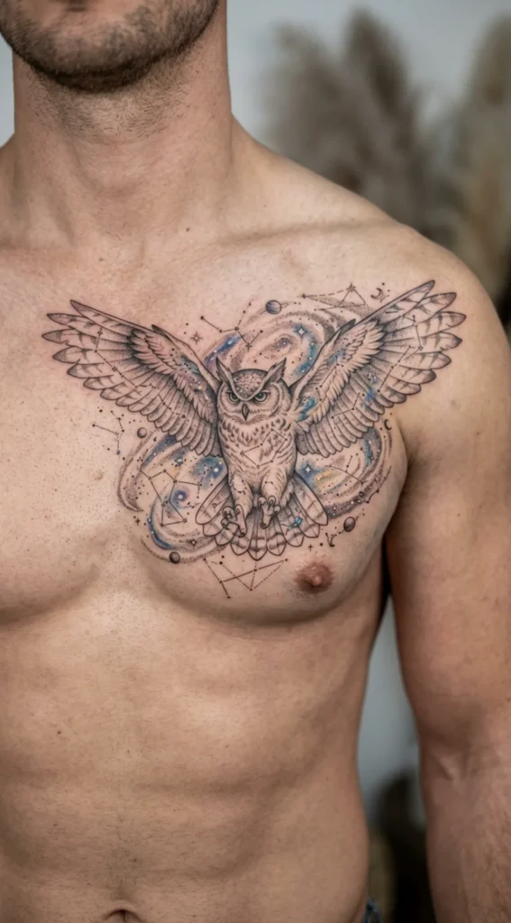 Celestial Owl Chest Tattoo