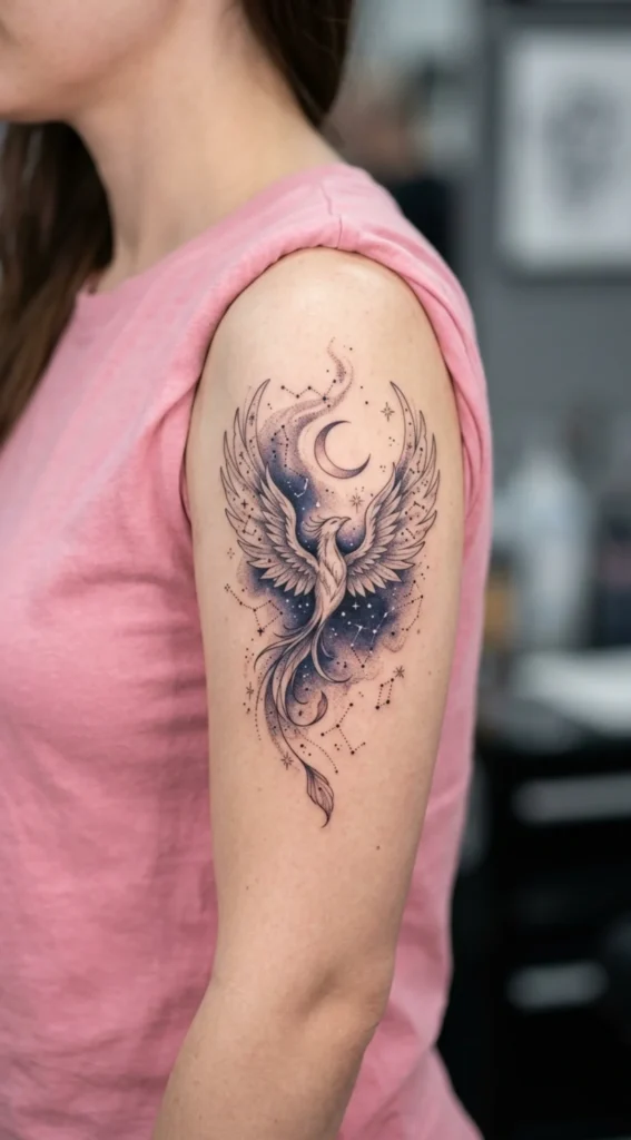 Celestial Phoenix with Moon and Starlit Ashes