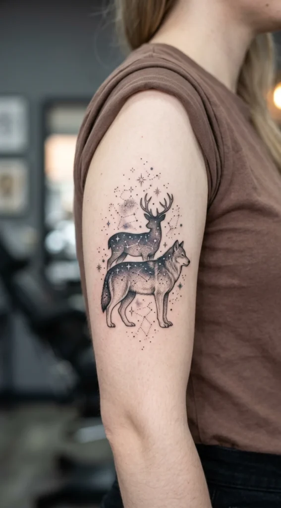 Celestial Wolf and Deer with Stars