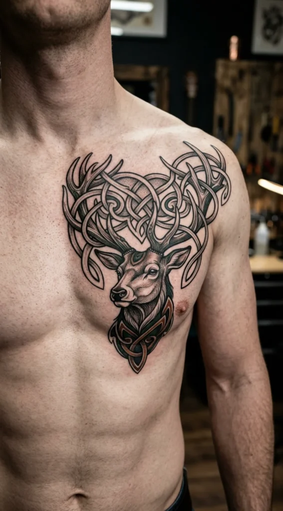 Celtic Stag Chest Tattoo