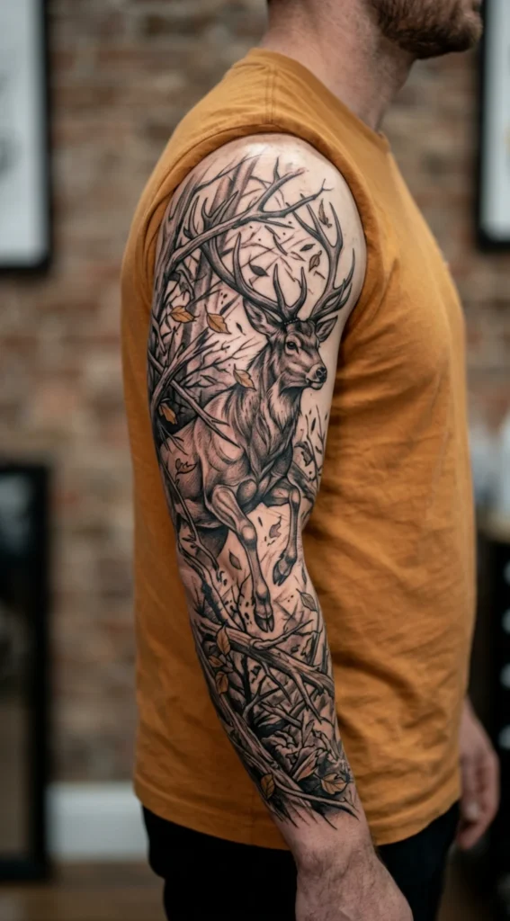 Charging Deer Through Forest Full Sleeve