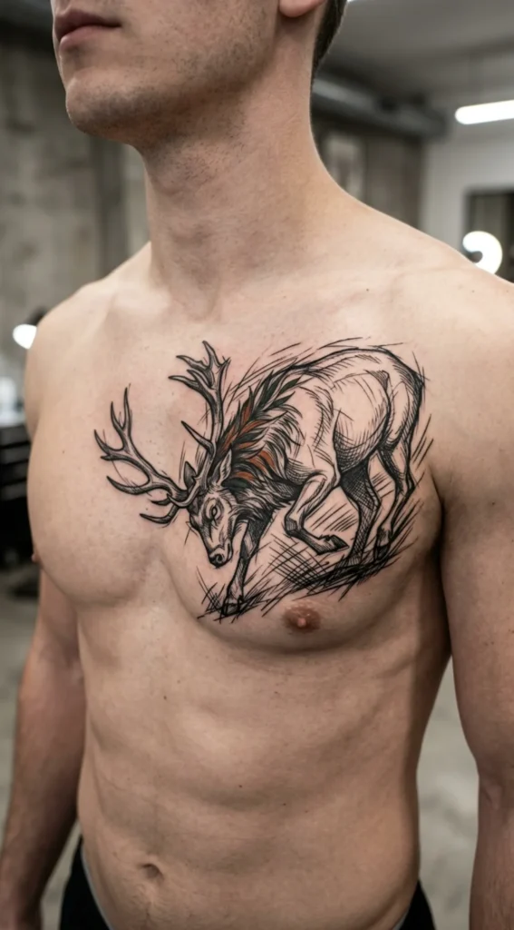 Charging Stag Chest Tattoo