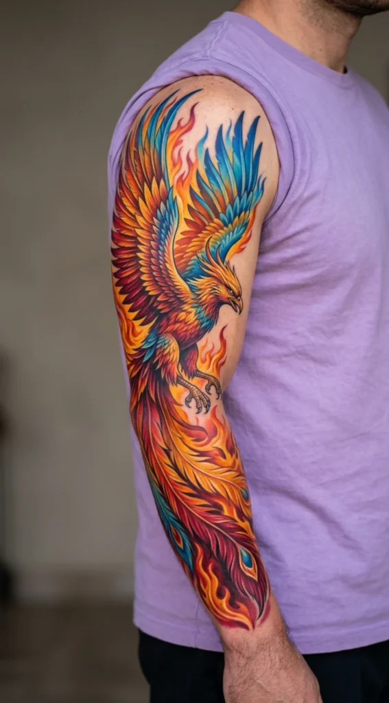 Colorful Fire Phoenix Full Sleeve Tattoo