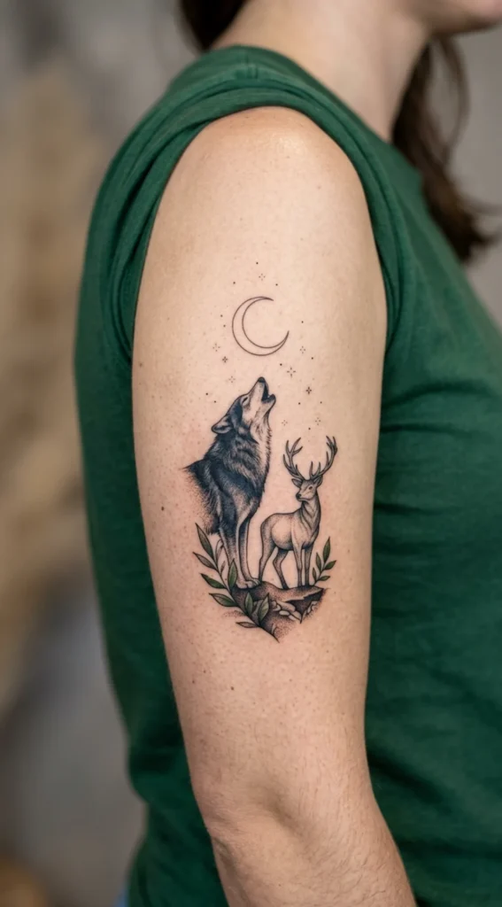 Crescent Moon Deer and Howling Wolf