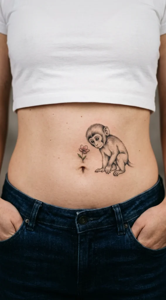 Curious Monkey Belly Flower Tattoo