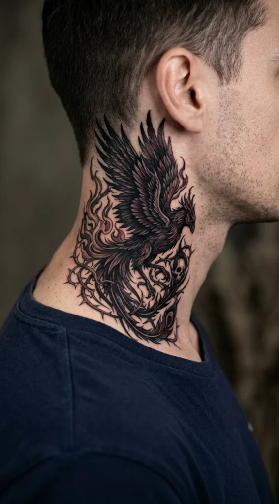 Dark Gothic Phoenix Neck Tattoo
