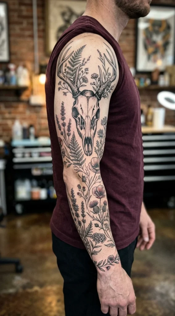 Deer Skull Full Sleeve with Wildflowers