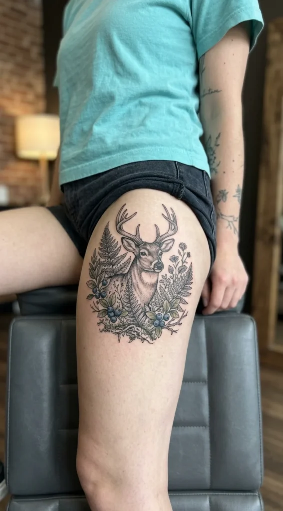 Deer Surrounded by Ferns and Wild Berries