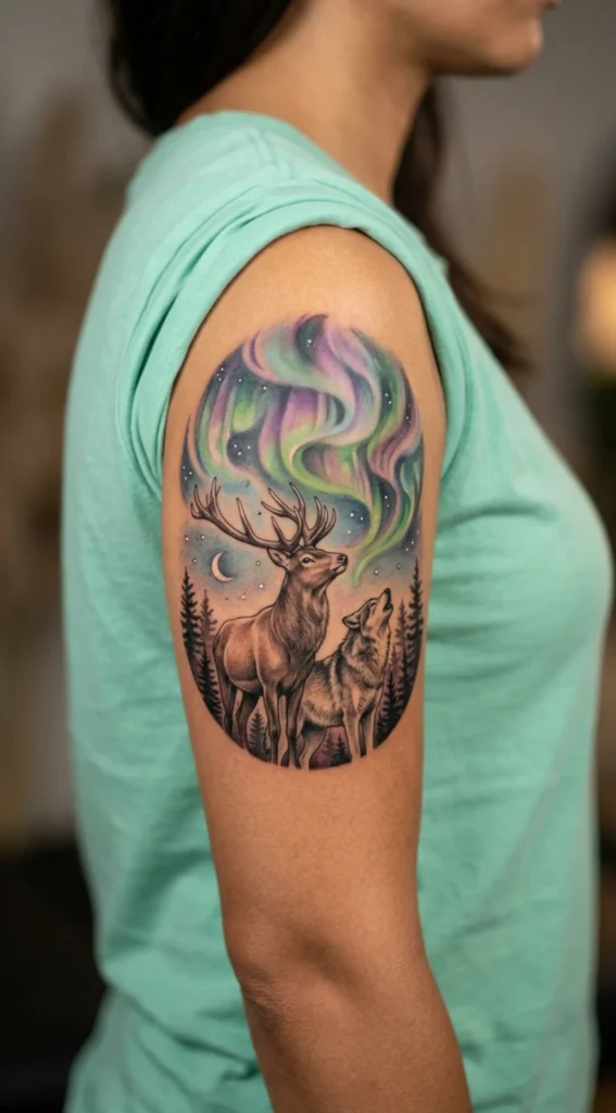 Deer and Wolf Beneath the Northern Lights