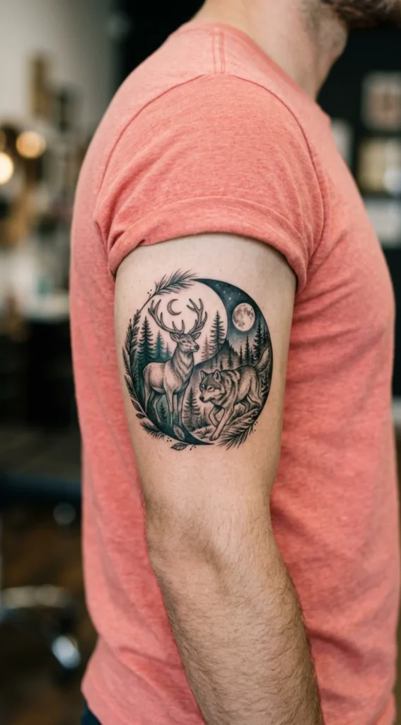 Deer and Wolf Nature Balance Tattoo