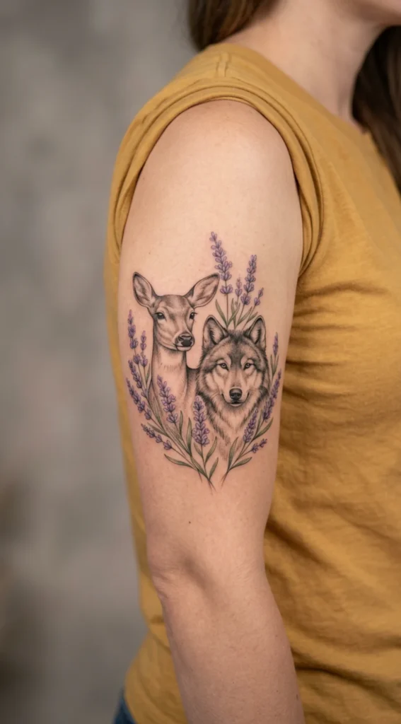 Deer and Wolf Surrounded by Lavender