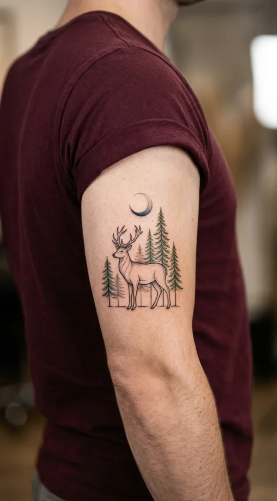 Deer with Pine Trees and Crescent Moon