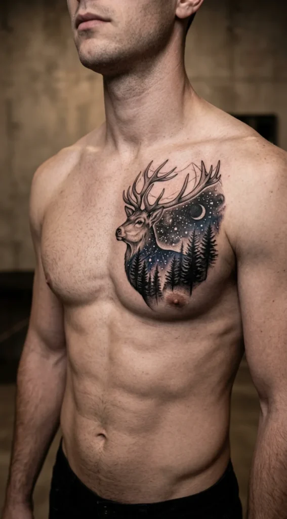 Double Exposure Deer Chest Tattoo