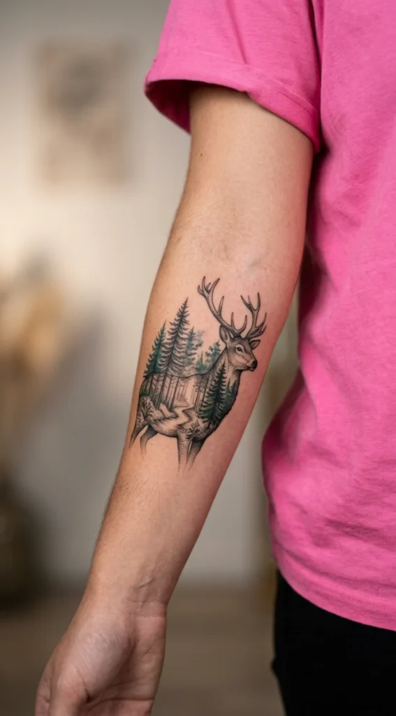 Double Exposure Deer and Pine Forest